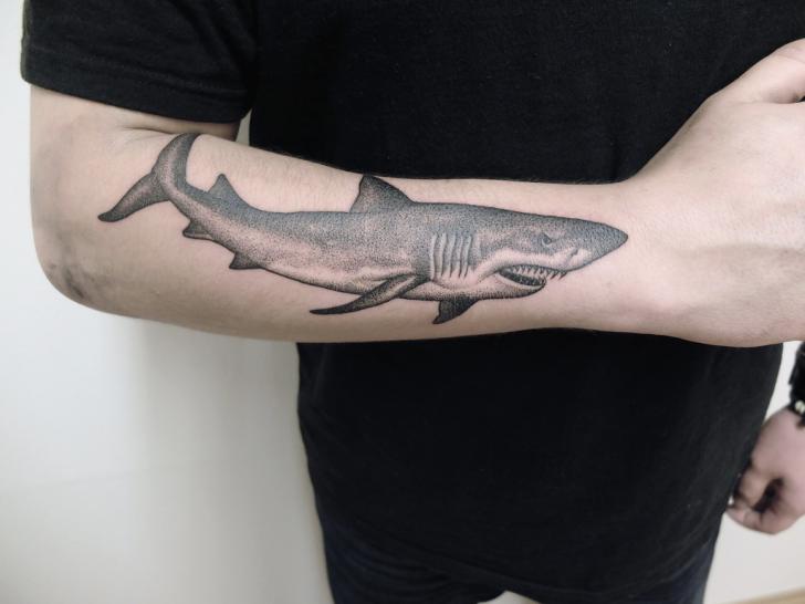 Black Ink Shark Tattoo On Right Arm