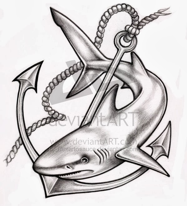 Black Ink Shark With Anchor Tattoo Design