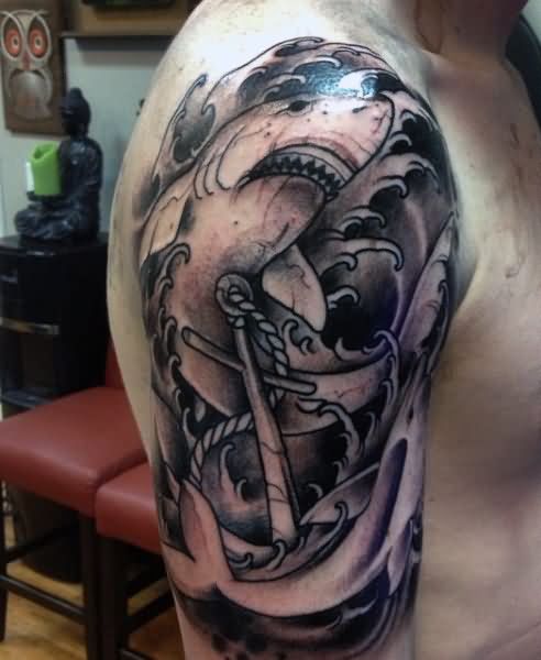 Black Ink Shark With Anchor Tattoo On Man Right Half Sleeve
