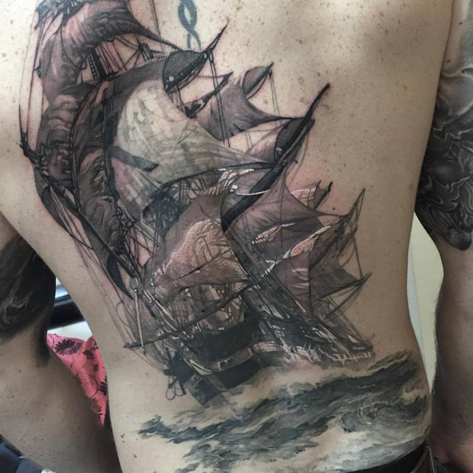 Black Ink Ship Tattoo On Man Full Back By Elvin