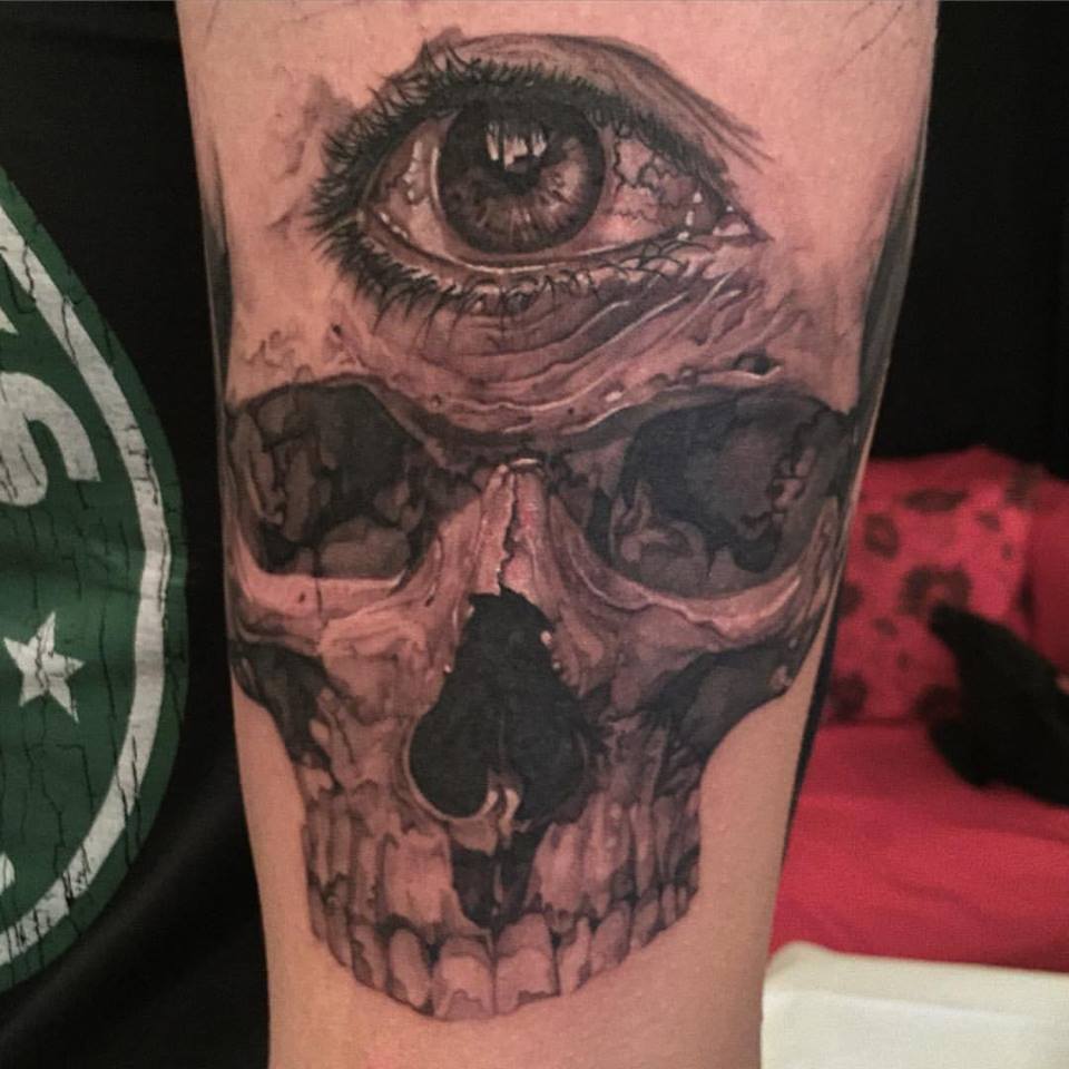 Black Ink Skull With Eye Tattoo Design For Sleeve By Elvin