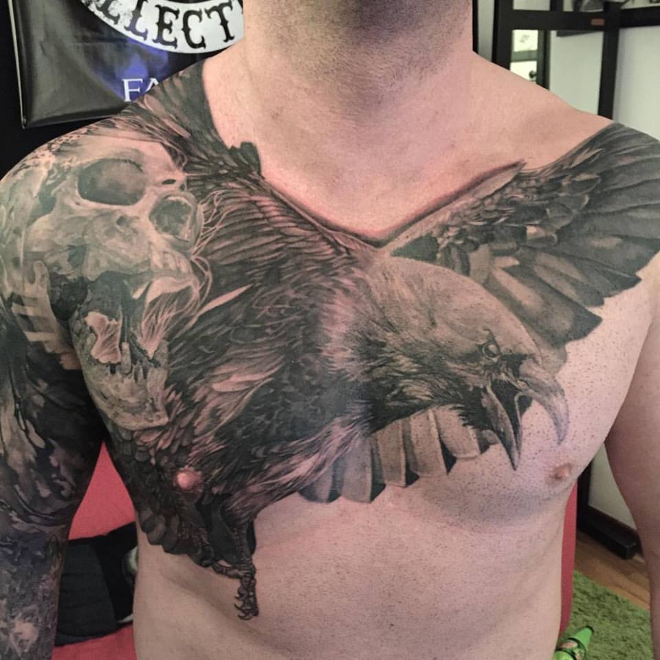 Black Ink Skull With Flying Eagle Tattoo On Man Right Shoulder And Chest
