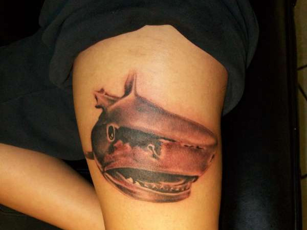 Black Ink Tiger Shark Tattoo On Left Half Sleeve