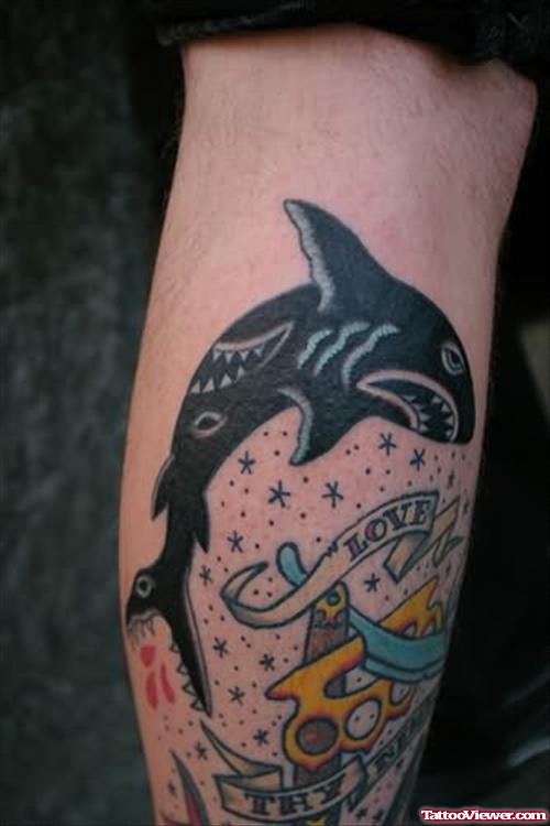 Black Ink Tiger Shark Tattoo On Leg Calf