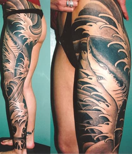 Black Ink Tiger Shark Tattoo On Women Left Full Leg