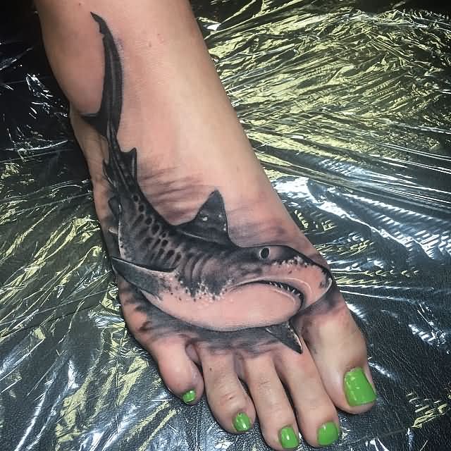 Black Ink Tiger Shark Tattoo On Women Right Foot