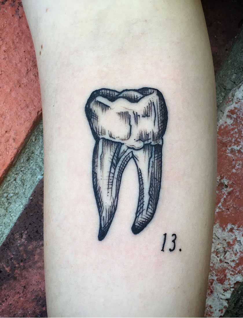 Black Ink Tooth Tattoo Design For Forearm By Spencer Caligiuri