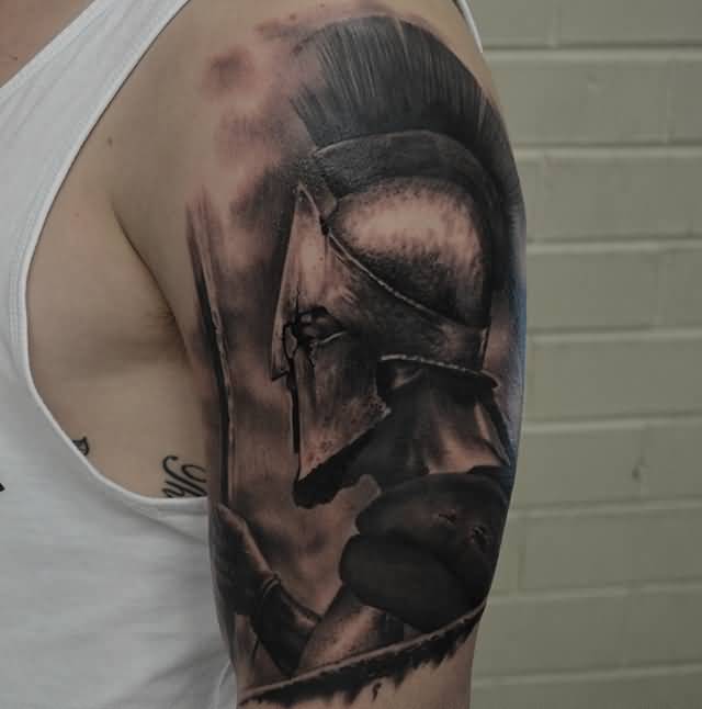 Black Ink Warrior Tattoo On Man Left Half Sleeve