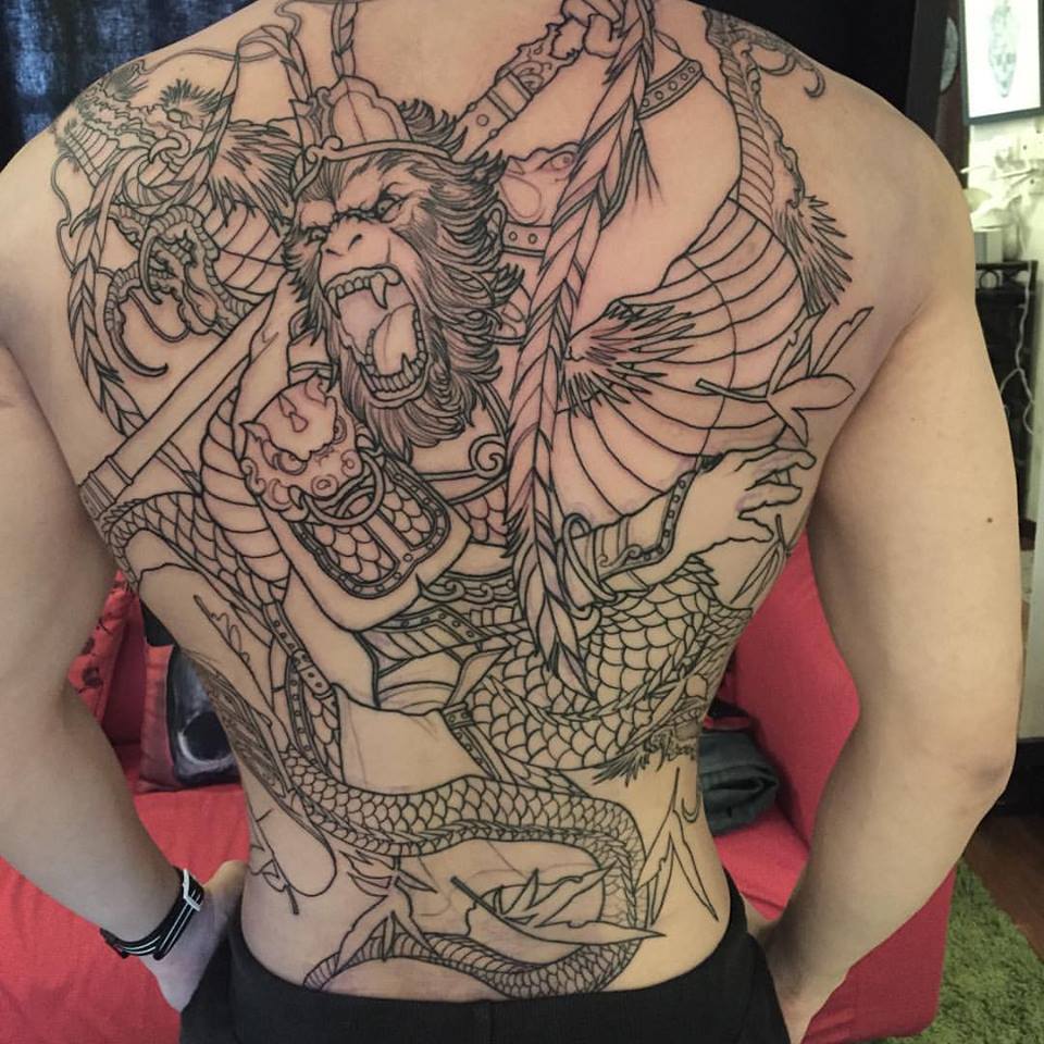 Black Monkey King With Dragon Tattoo On Man Full Back