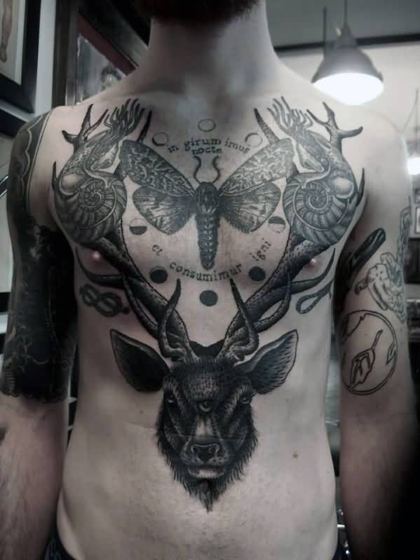 Black Moth And Deer Tattoo On Man Chest