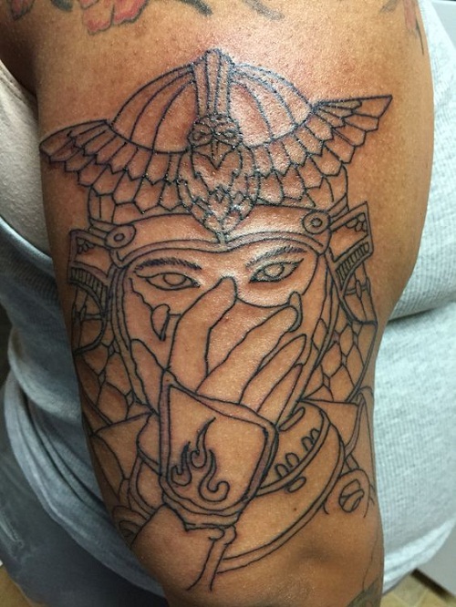 Black Outline Samurai Head Tattoo On Right Half Sleeve