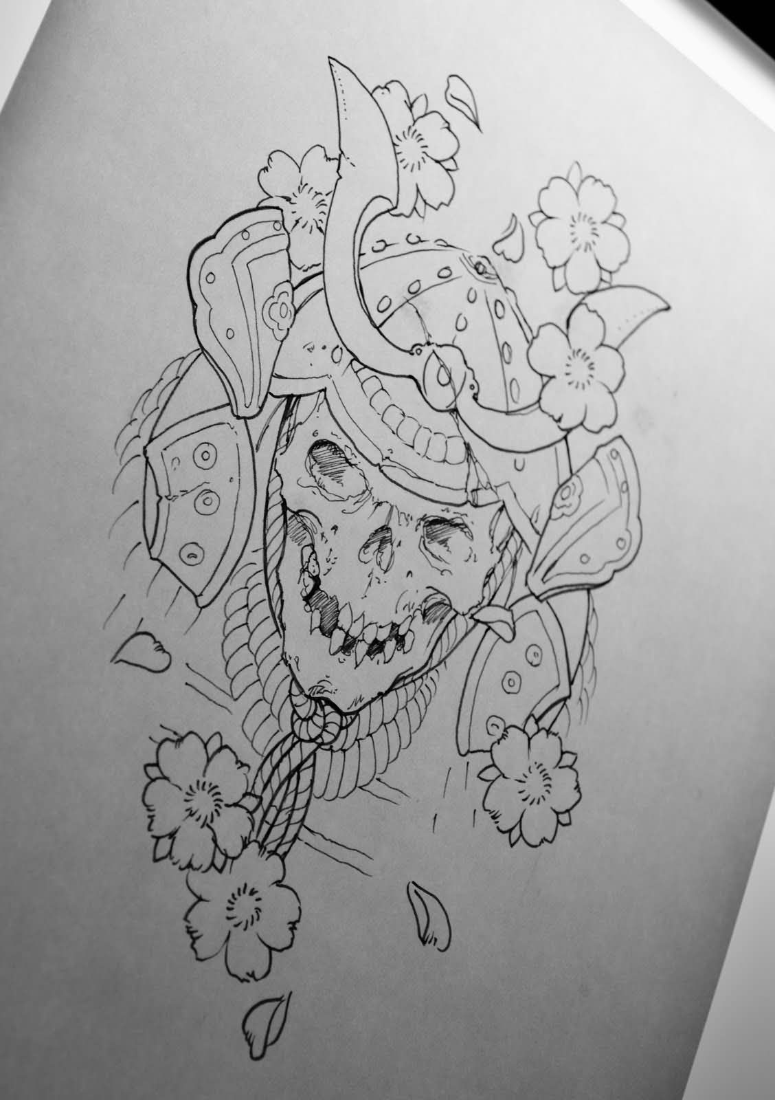 Black Outline Samurai Skull With Flowers Tattoo Design
