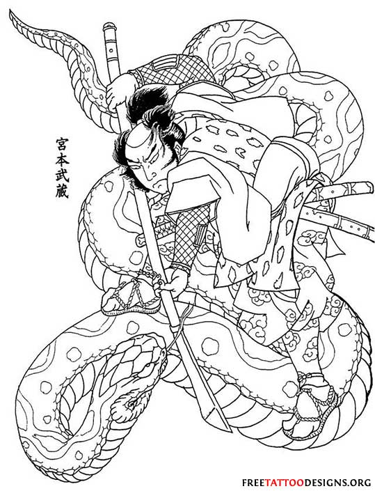 Black Outline Samurai With Snake Tattoo Stencil