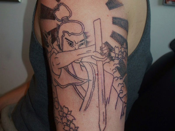 Black Outline Samurai With Sword Tattoo On Right Half Sleeve