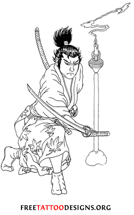 Black Outline Samurai With Sword Tattoo Stencil