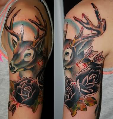 Black Rose And Deer Head Tattoo On Half Sleeve