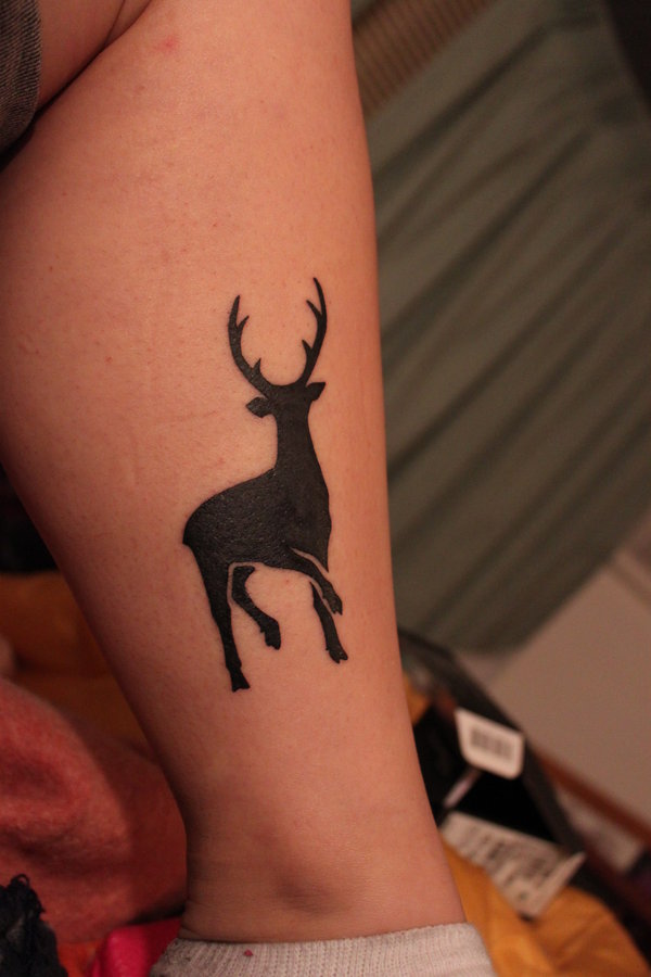 Black Silhoette Cute Deer Tattoo On Side Leg