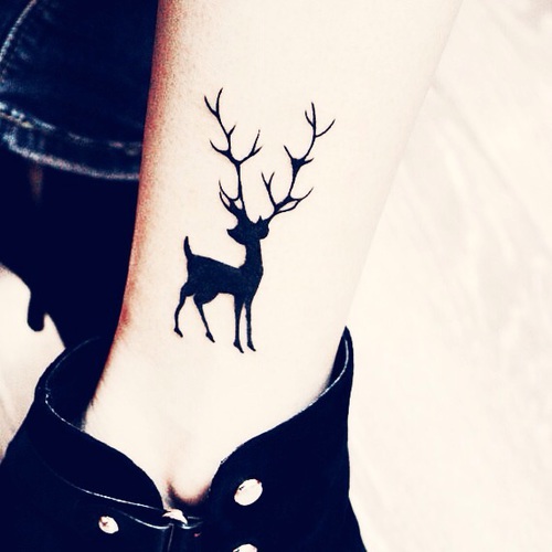 Black Silhouette Cute Deer Tattoo On Leg