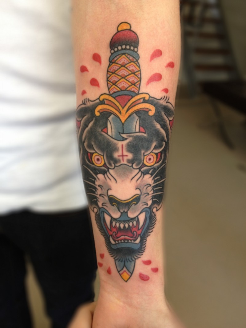Black Tiger Head With Dagger tattoo On Forearm