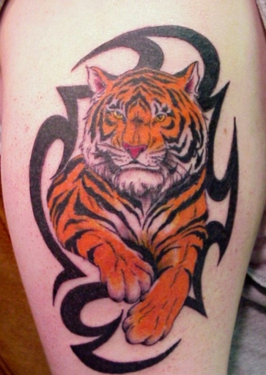 Black Tribal And Baby Tiger Tattoo