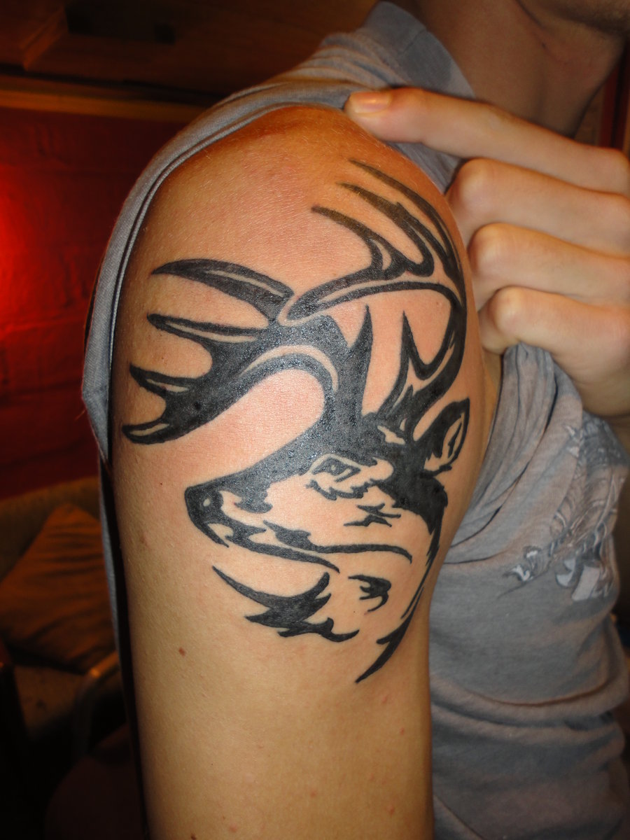Black Tribal Deer Antler Head Tattoo On Shoulder