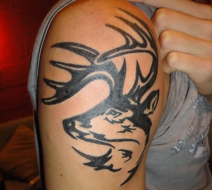 Black Tribal Deer Head Tattoo On Shoulder For Women