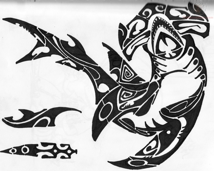 Black Tribal Hammerhead Shark Tattoo Design