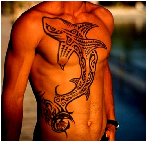 Black Tribal Shark Tattoo On Man Full Body