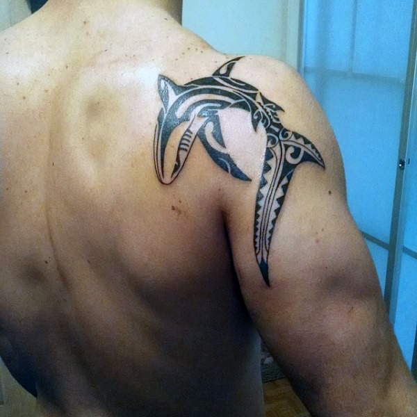 Black Tribal Shark Tattoo On Man Right Back Shoulder