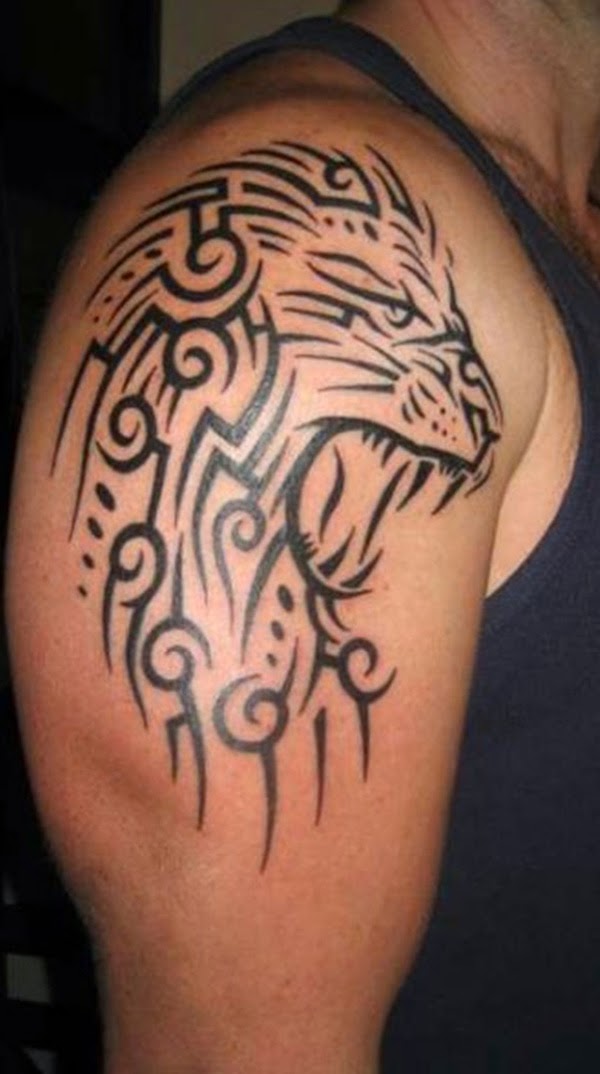 Black Tribal Tiger Face Tattoo On Right Shoulder