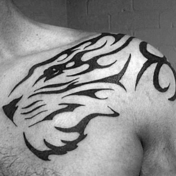 Black Tribal Tiger Head Tattoo On Left Shoulder