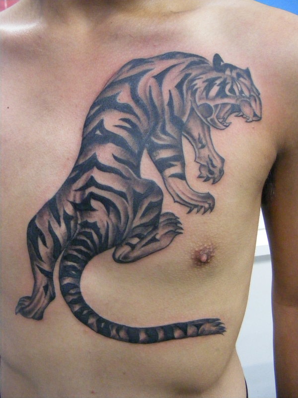 Black Tribal Tiger Tattoo On Man Chest