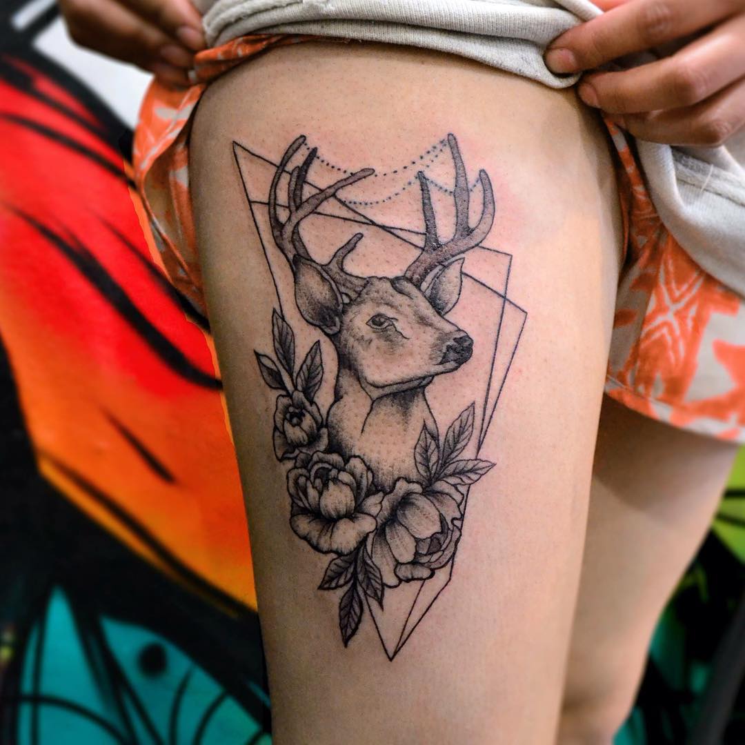 Black n Grey Flowers And Deer Head In Triangle Tattoo