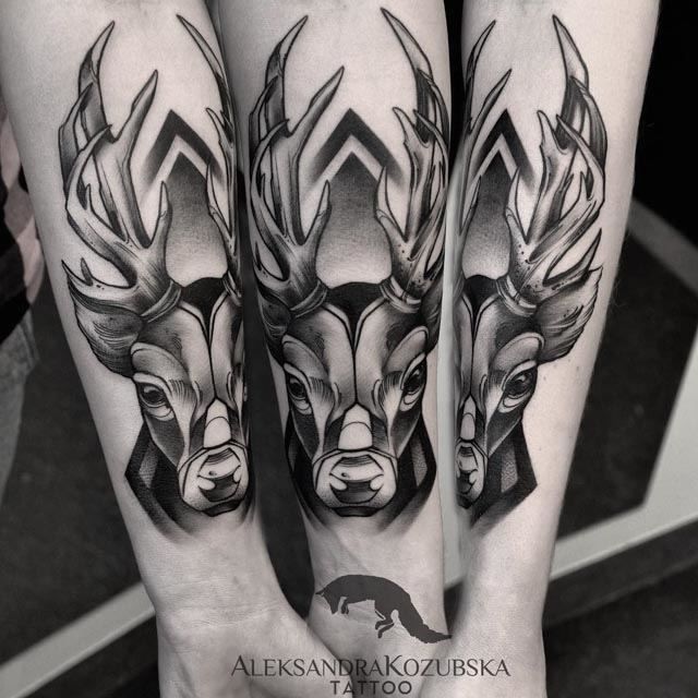 Black n Grey Traditional Deer Head Tattoo On Sleeve by Aleksandra