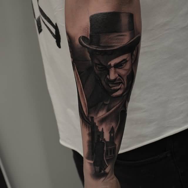 Blck Ink Man Face Tattoo On Left Arm