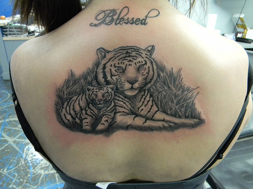 Blessed Baby Tiger Tattoo On Girl Upper Back