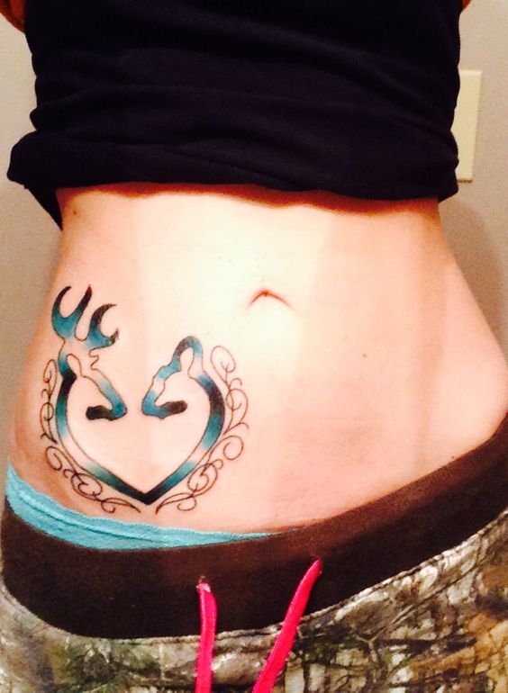 Blue And Black Ink Browning Deer Couple Tattoo On Hip