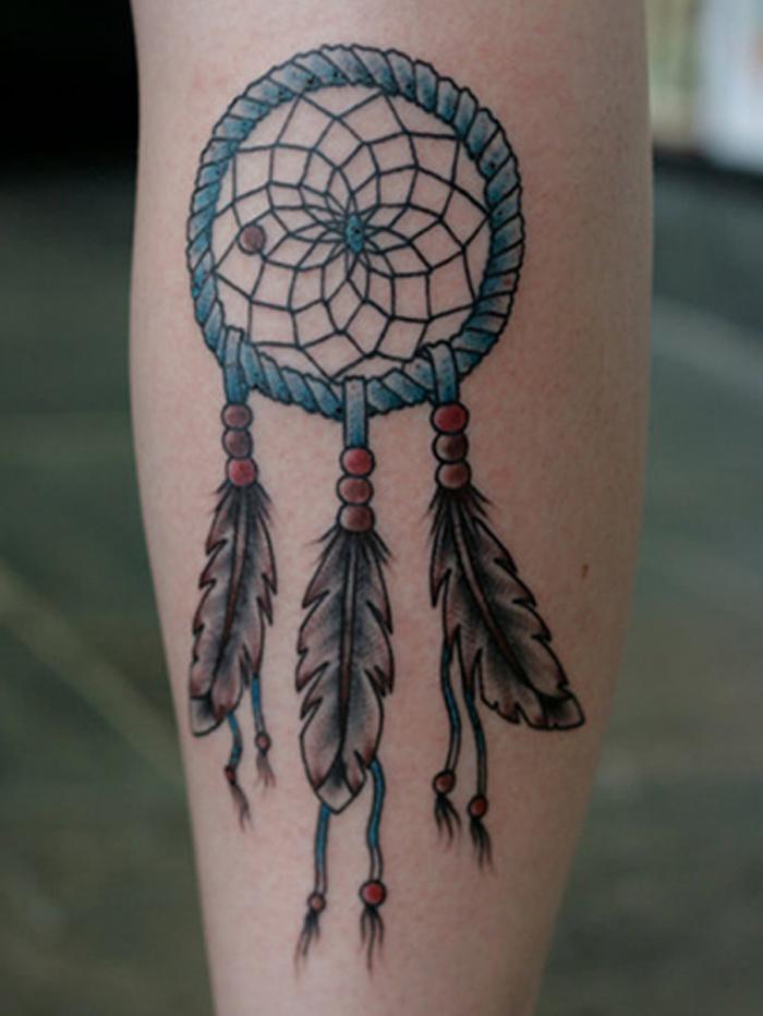 Blue And Grey Simple Dreamcatcher Tattoo On Leg