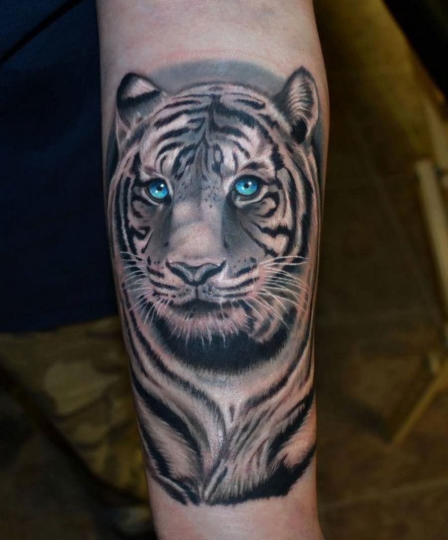 Blue Eyes Grey Ink Tiger Tattoo On Left Forearm