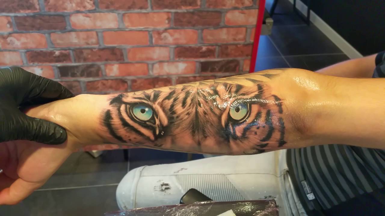 Blue Eyes Tiger Tattoo On Forearm