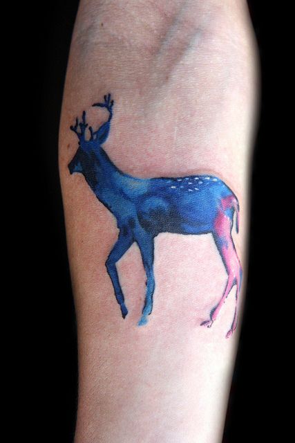 Blue Ink Deer Tattoo Design For Forearm