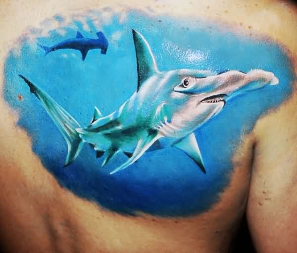 Blue Ink Shark Tattoo On Right Back Shoulder