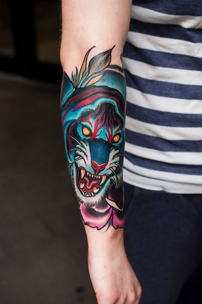 Blue Ink Tiger Tattoo On Man Right Forearm