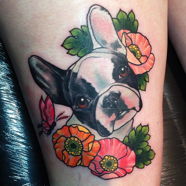 Boston Terrier With Flowers Tattoo Design For Thigh By Kitty Dearest