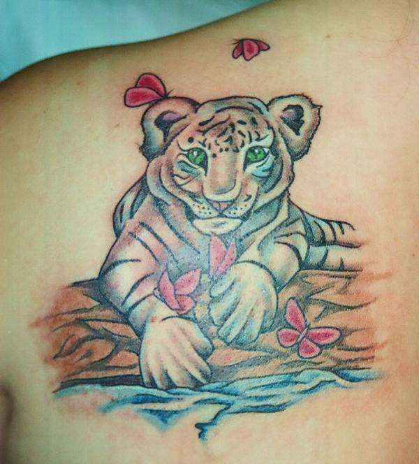 Butterflies And Baby Tiger Tattoo On Left Back Shoulder