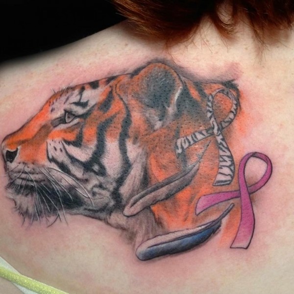 Cancer Ribbons And Baby Tiger Tattoo