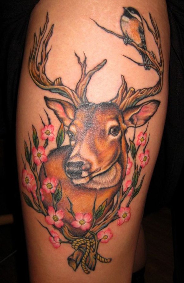 Cherry Blossom Flowers And Deer Tattoo On Thigh