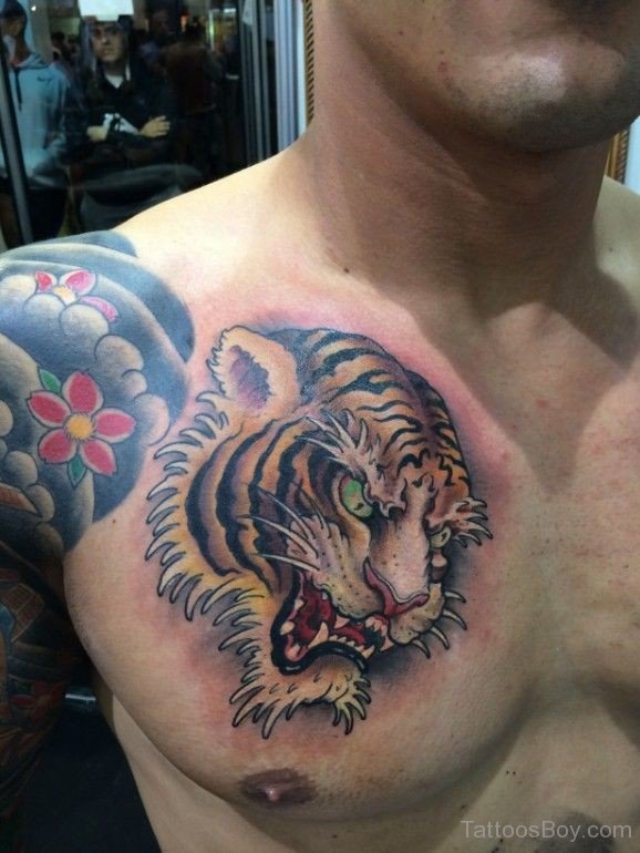 Cherry Blossom Flowers And Tiger Face Tattoo on Chest