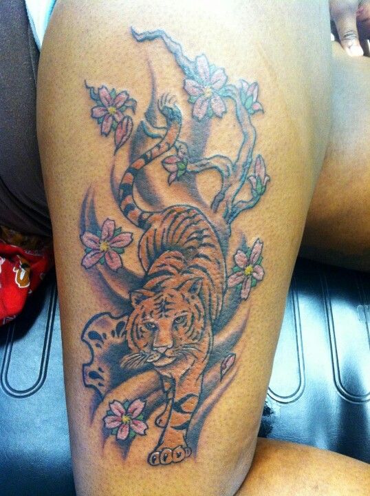 Cherry Blossom Flowers And Tiger Tattoo On Side Thigh