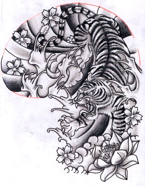 Chinese Flowers And Tiger Tattoo Design